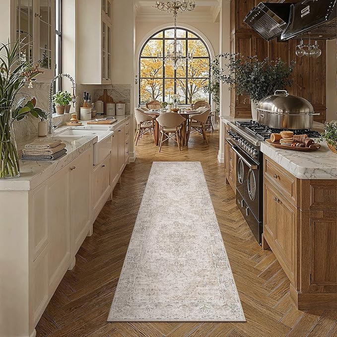 HUGEAR Hallway Runner Rugs 2x8 Washable Rug Beige Vintage Rug Carpet Low Pile Non Slip No Shedding Soft Durable Indoor Bedroom Kitchen Home Decor Floor Mat