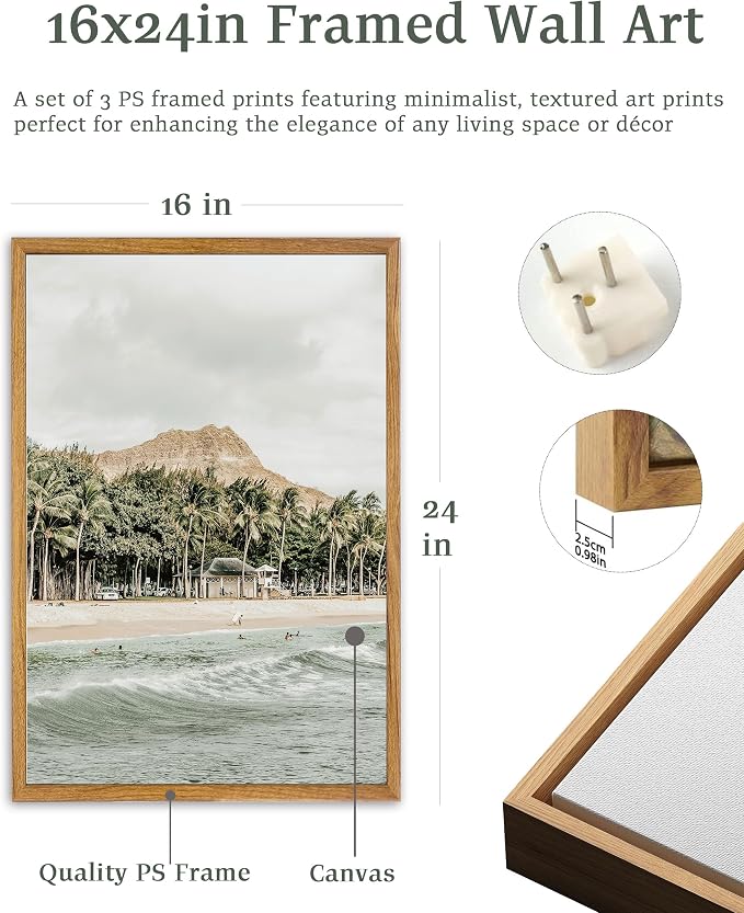 UPWOIGH Hawaii Coastal Framed Wall Art, 16 x 24 Inch, Set of 3 | Surfboard Beach, Diamond Head and Honolulu Prints, Soft Coastal Tones, Light Wood Frames for Living Room and Office
