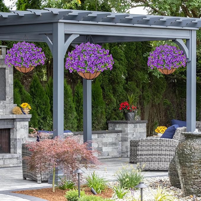 Artificial Hanging Flowers with Baskets for Outdoors, Fake Silk Pansy Flowers UV Resistant Faux Hanging Plants for Front Porch Patio Yard Home Spring Summer Decoration, Purple