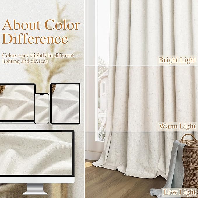 Guken Cream 100% Blackout Cream Linen Curtains 52 Inch Wide by 114 Inch 2 Panels Set for Living Room Bedroom Back Tab Thermal Insulated Black Out Drapes Room Darkening Window Curtains