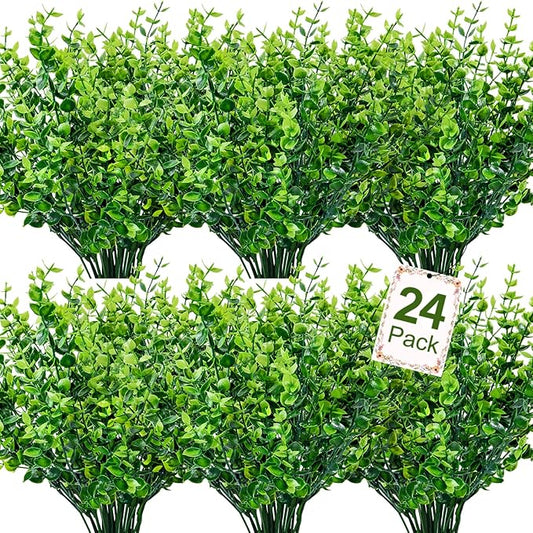Ouddy Decor 24 Bundles Artificial Greenery Stems Fake Plants Outdoor UV Resistant Faux Plastic Boxwood for Kitchen Office Garden Porch Farmhouse Window Box Home Decor