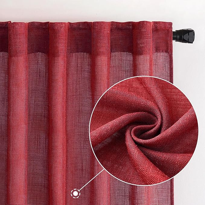 MIULEE Burgundy Red Linen Curtains 90 Inch Long for Bedroom Living Room, Soft Thick Linen Textured Window Drapes Semi Sheer Light Filtering Rod Pocket Back Tab Christmas Burlap Look, 2 Panels