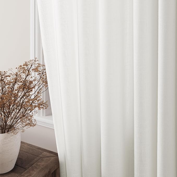 Off White Linen Curtains 96 inch Length for Living Room 2 Panels Set Soft Thick Textured Grommet Semi Sheer Light Filtering Window Curtain Burlap Look Rustic Farmhouse Home Privacy Drapes 52x96