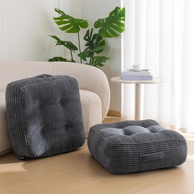 HIGOGOGO 8" Extra Thick Floor Pillow Cushion for Adults, Meditation Cushion Pillow, Large Square Floor Sitting, Tufted Corduroy Cover, for Tatami Living Room or Yoga, 22x22 Inch, 2Pack, Dark Grey