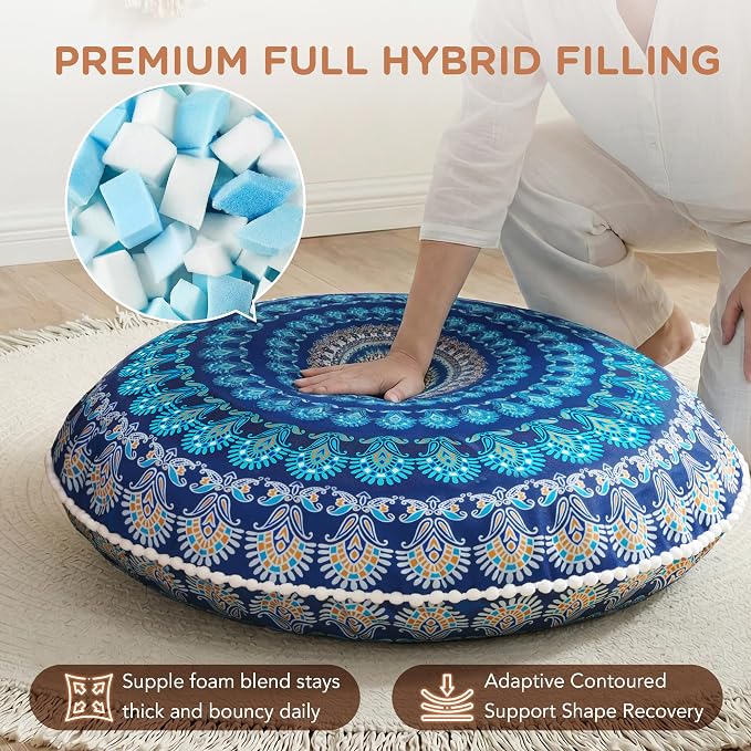 Codi Meditation Floor Pillow Set of 2, Round Large Pillows Seating for Adults, Bohemian Mandala Circle Cushion for Outdoor Fireplace Yoga Living Room, 32 Inch, Memory Foam Added, Navy