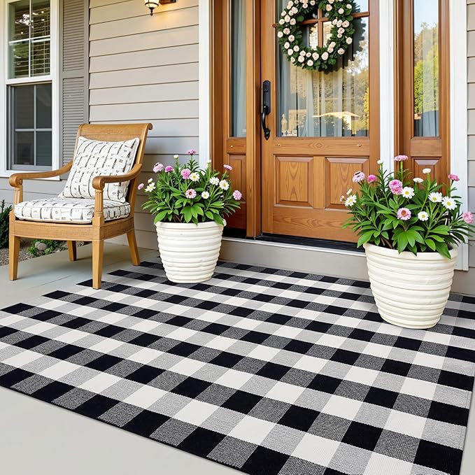 OLANLY Buffalo Plaid Rug 5' x 7' – Black and White Cotton Checkered Doormat, Washable Indoor Outdoor Rug for Layered Front Porch, Kitchen, Entryway Decor