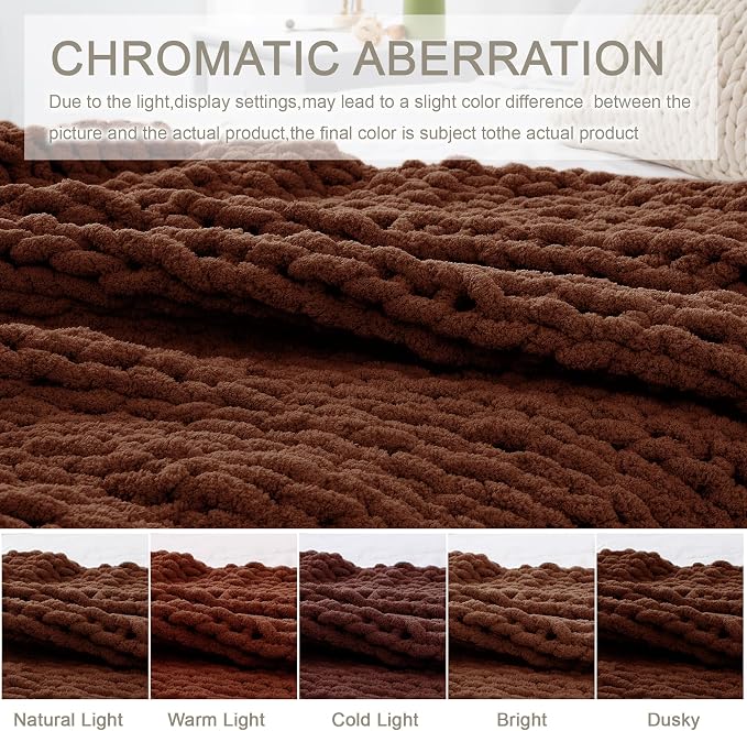 Chunky Knit Throw Blanket 60x80, 100% Handmade Chenille Yarn | 6.7lbs Soft Thick Cable Knitted Blankets, Large Rope Knot Crochet Throws for Couch Sofa Bed Machine Washable, Cocoa Brown