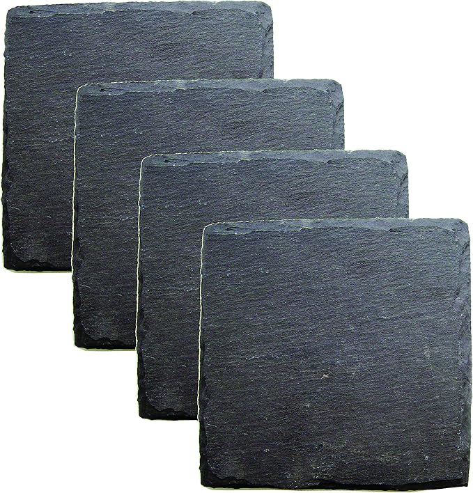 Twine Square Slate Coasters, Modern Square Coasters, Slate with Velvet Backing, Protect Tables and Surfaces, Black, Set of 4