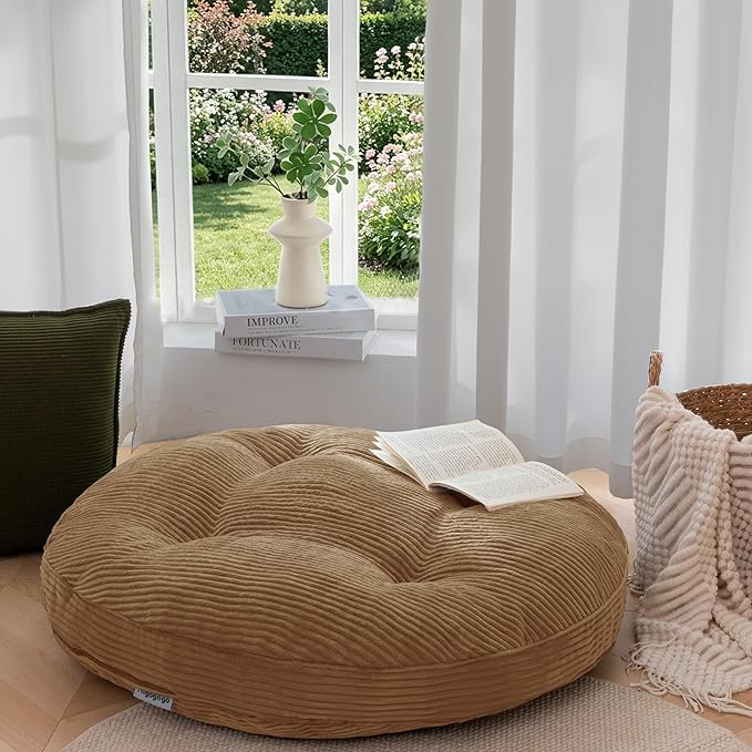 HIGOGOGO 35" Floor Pillow Cushion for Adults, Meditation Cushion Pillow, Extra Large Square Floor Sitting, Tufted Corduroy Cover for Tatami Living Room or Yoga, Coffee