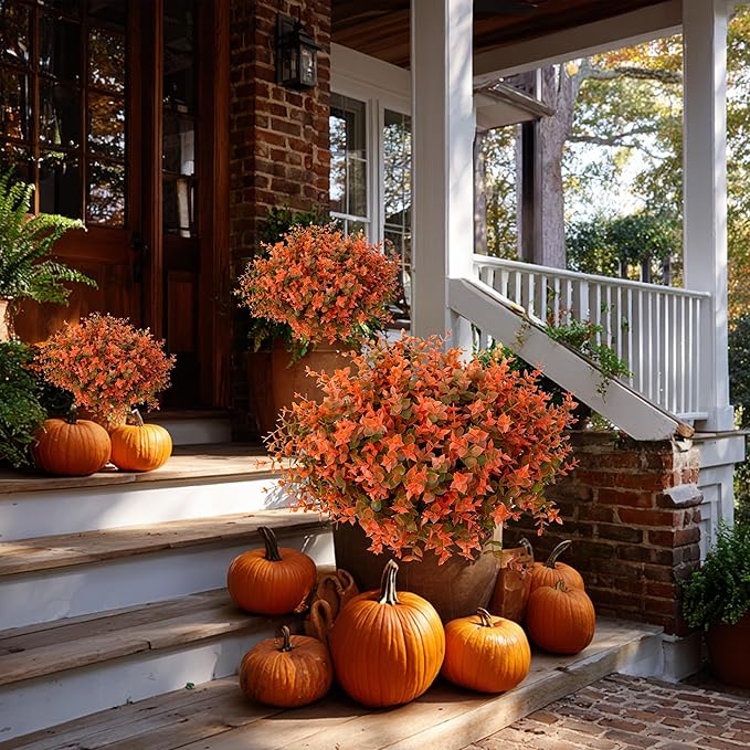 AXYLEX Artificial Fall Flowers Outdoor Fake Mums - 16 Bundles Fake Plants UV Resistant No Fade Faux Plastic Greenery Garden Porch Patio Fall Home Decor (Green Orange)