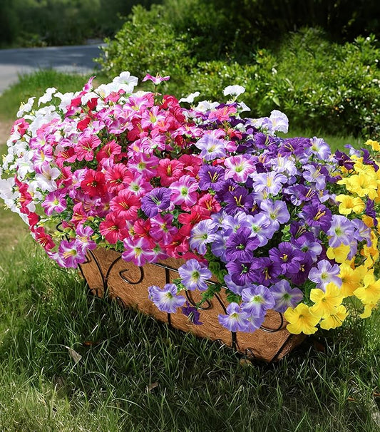 Artificial Flowers for Outdoors Fake Plants Outside Decoration, 20 Bundles Silk Petunia with Eucalyptus UV Resistant Realistic Faux Flowers for Outdoor Planters Garden Balcony Yard Porch Patio, Mix
