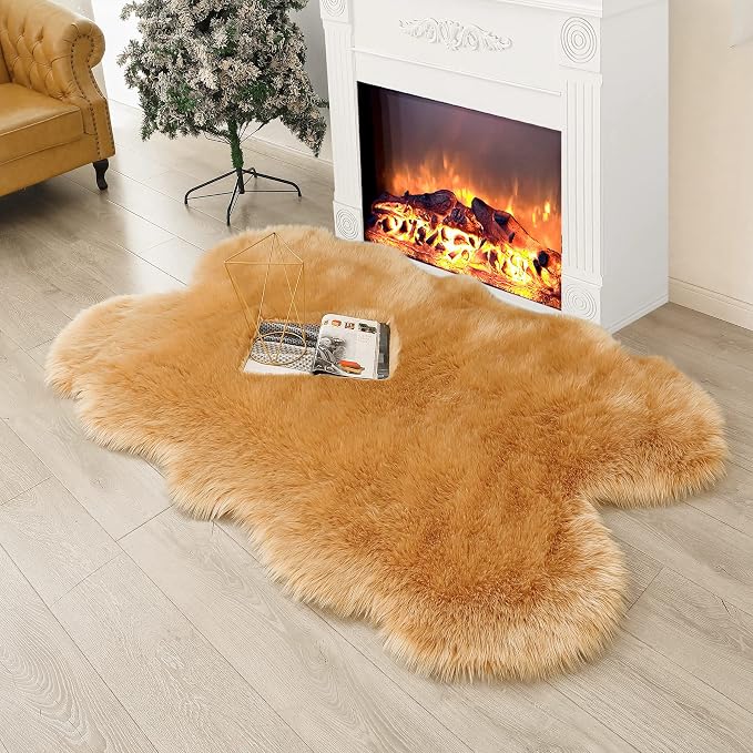 Faux Fur Rug Brown Fluffy Sheepskin Area Rug,Ultra Soft Shaggy Plush Rug Bedroom Living Room Sofa Floor Kids Room Bedside（4 x 6 ft Sheepskin）