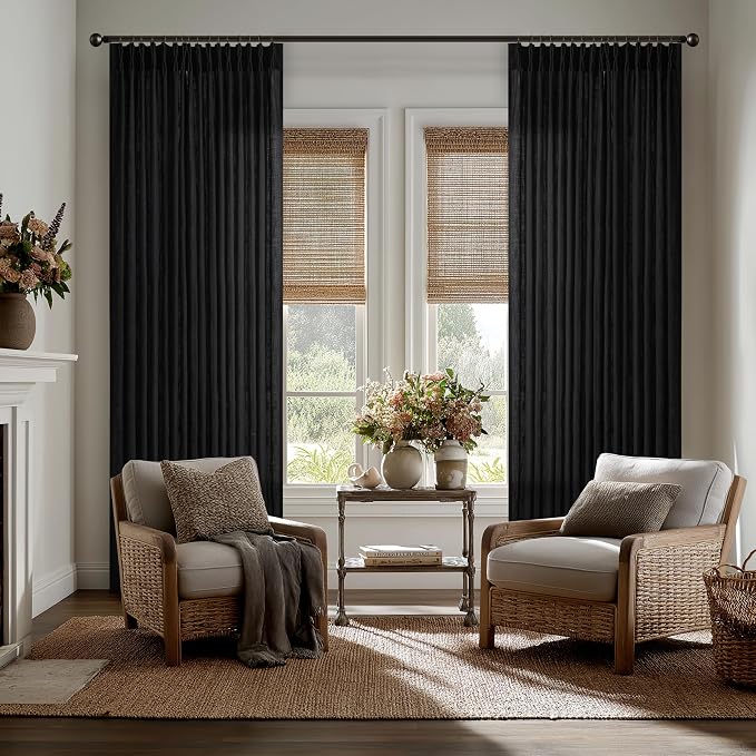 Black Pleated Linen Curtains 96 Inches Long for Living Room 2 Panel Set Semi Sheer Light Filtering Pinch Pleat with Rings Hooks Back Tab Drapes Neutral Boho 96 Inch Curtain for Bedroom Window W50xL96
