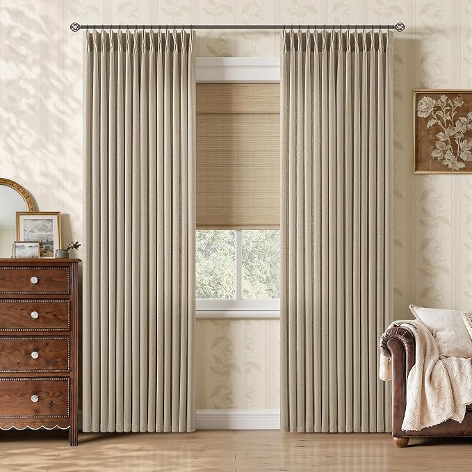 Burlywood Birch Pleated Curtains 80 Inches for Living Room Taupe Light Filtering Memory Trained Back Tab Curtains with Hooks Rustic Farmhouse Semi Sheer Linen Blend Drapes for Bedroom 2 Panels