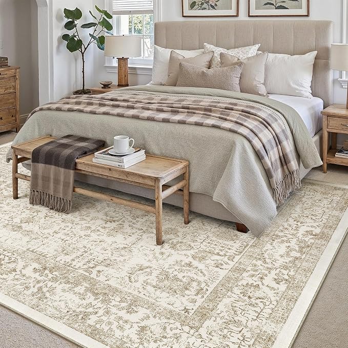 PureCozy Light Brown Area Rug 10x14 Machine Washable Large Vintage Living Room Distressed Non Slip Carpet Traditional Indoor Bedroom Retro Floral Accent Throw Rug for Office Kitchen Dining Room