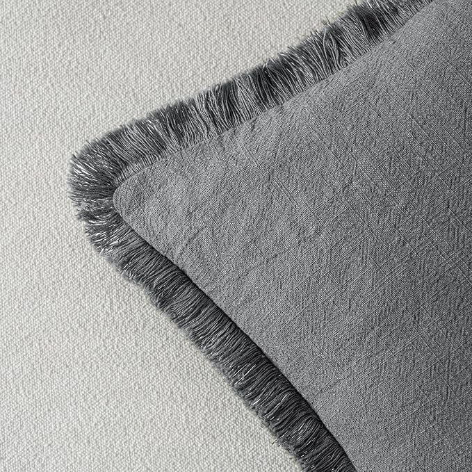 MIULEE Decorative Throw Pillow Covers Neutral Linen Fringe Throw Pillows Set of 2 Grey Boho Farmhouse Cushion Covers with Tassels for Couch Sofa Bed Living Room Spring Decor 20x20 Inch