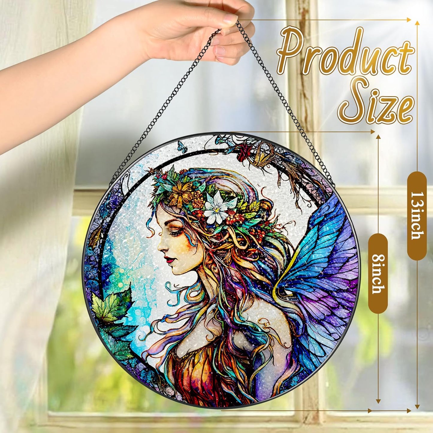 Stained Glass Window Hanging, LAOWEIKI 8'' Fairy Suncatcher, Stained Glass Ornament, Suncatchers for Windows Hanging, Window Decor, Outdoor or Indoor, Gifts for Women, Bestie, Friends