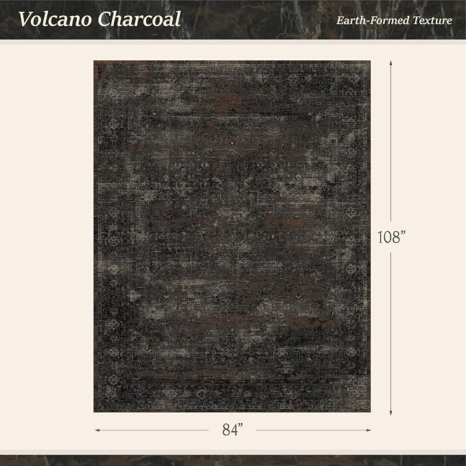 TALANOVA Black 7x9 Washable Area Rug for Living Room, Non-Slip Low Pile Charcoal Volcanic Textured Rug for Bedroom, Dining Room & Home Office, Dark Stain Resistant Modern Farmhouse Design