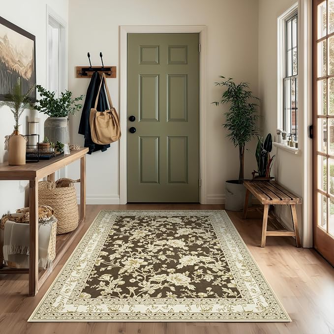 Floral Boho Rug 4x6 Washable Non Slip Area Rug Bohemian Carpet Door Mat Brown Beige Floral Distressed Modern Farmhouse Sketch Style Flower for Bedroom Foldable 4x6 for Entryway Living Room