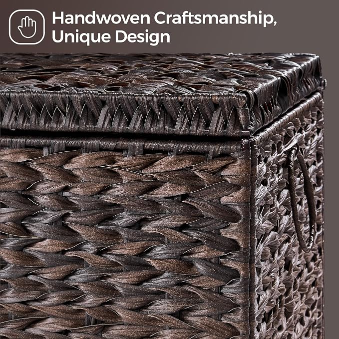 Honjourai Handwoven Storage Basket with Lid, 165L Plastic Rattan Storage Bin, Leather Buckle & Metal Frame, Large Metal Ring Handles, Storage Trunk for Bedroom, Laundry Room