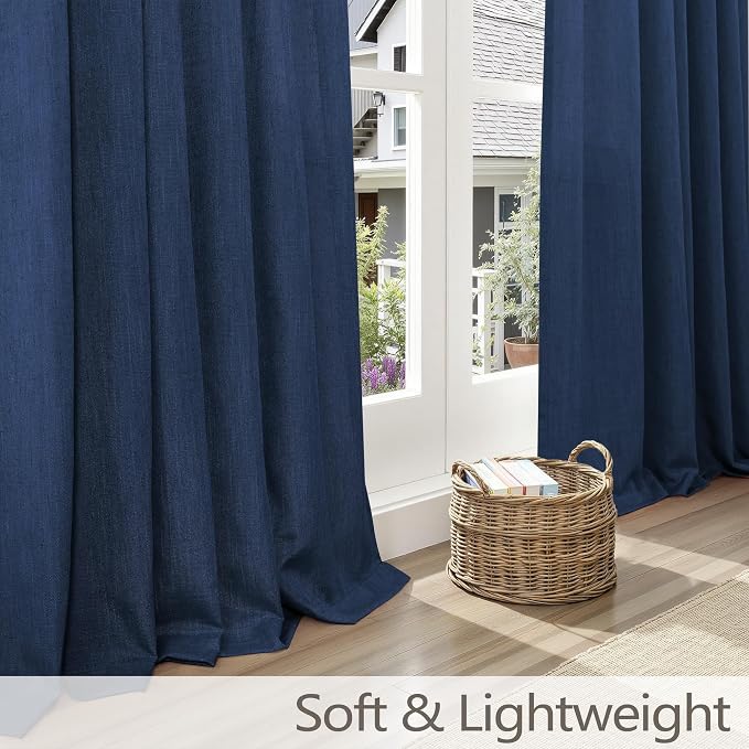 Navy Blue Curtains 96 Inches Long for Boys Room 2 Panel Back Tab Pinch Pleat Draperies Coastal Linen Cotton Textured Light Filtering Semi Sheer Dark Blue Curtain for Living Room Dining Patio Door 8 FT