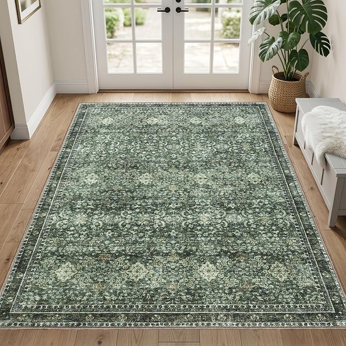 Sasttie 3x5 Rug, Ultra-Soft Washable Rug, Low Pile Foldable Thin Carpets with Non-Slip Backing, Skin-Friendly Stain Resistant Carpet for Living Room, Bedroom, Kitchen, Dorm, 3x5, Dark Green