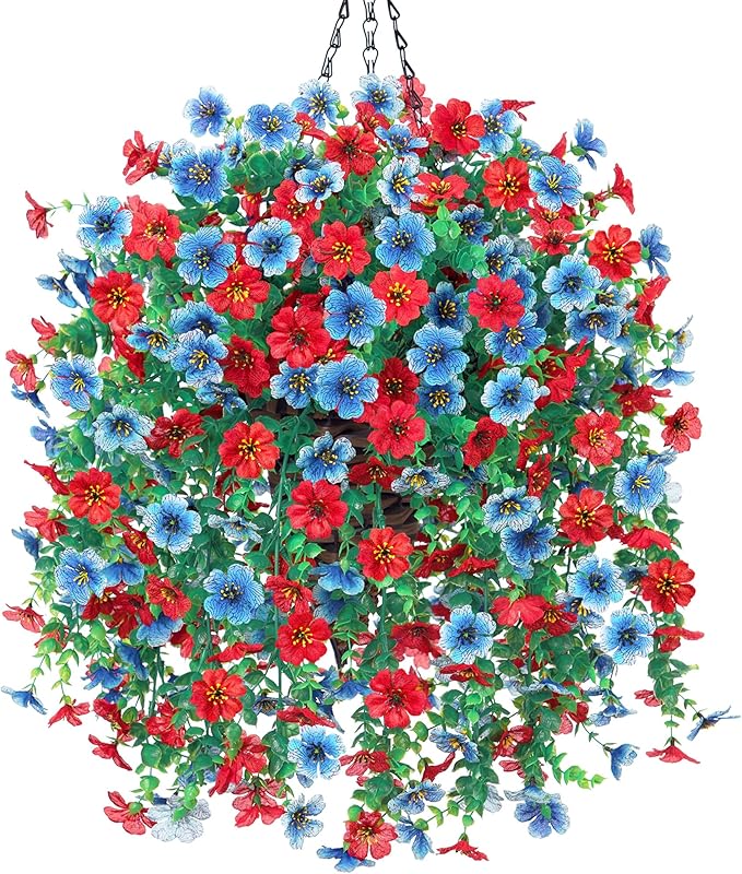 HyeFlora Artificial Hanging Flowers Basket for Outdoor, Fake Flowers Faux Plants Look Real for Yard Gardens Porch Patio Home (Blue+Red)