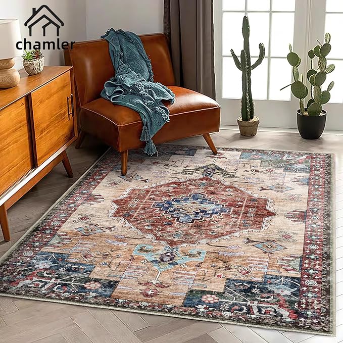 chamler 6x9 Washable Area Rug Boho Medallion Distressed Design Non-Shedding Easy Care Ideal for High Traffic Areas in Rugs for Living Room Bedroom Office Kitchen Large Carpet