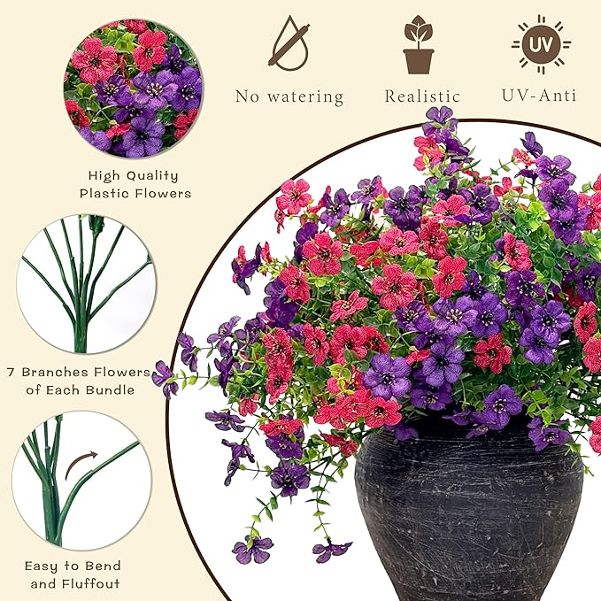 Senjie 12 Bundles Artificial Flowers Bulk for Outdoor Decor, UV Resistant Fake Plastic Flowers, Faux Flowers for Porch Patio Window Boxwood Garden