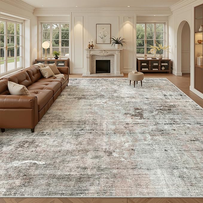 Soalmost 10x14 Area Rugs for Living Room, Non Slip Machine Washable Vintage Rugs, Low Pile Lightweight Large Rug for Bedroom, Dining Room, Home Office Pink/Grey