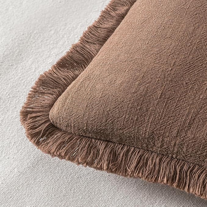 MIULEE Decorative Throw Pillow Covers Neutral Linen Fringe Throw Pillows Set of 2 Dark Coffee Boho Farmhouse Cushion Covers with Tassels for Couch Sofa Bed Living Room Fall Home Decor 20x20 Inch