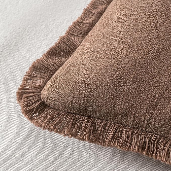 MIULEE Decorative Throw Pillow Covers Neutral Linen Fringe Throw Pillows Euro Shams Set of 2 Dark Coffee Boho Farmhouse Cushion Covers for Couch Sofa Bed Living Room Fall Home Decor 26x26 Inch
