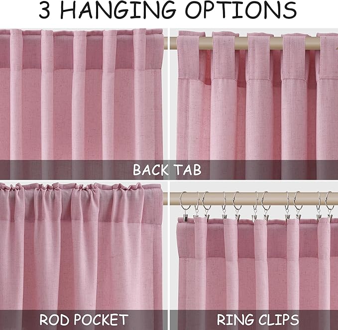 Nanspring Rose Linen Curtains 108 Inches Long 2 Panels Set with Back Tab Loop Pocket Light Filtering Semi Sheer Boho Decor Extra Long Drapes for High Ceiling Living Room 52x108