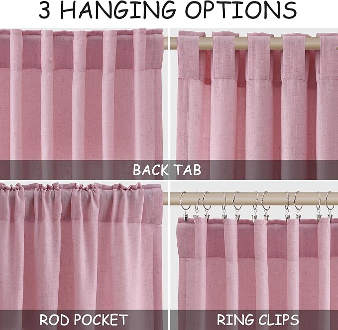 Rose Linen Curtains 84 Inch Long 2 Panel Set with Back Tab Rod Pocket Light Filtering Privacy Semi Sheer Textured for Neutral Farmhouse Style Bedroom and Living Room 52x84