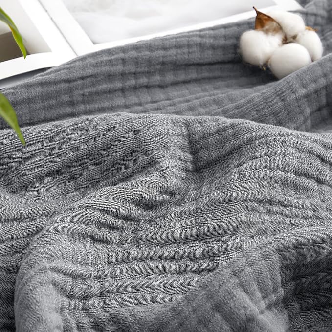 David's Home Soft Muslin Blanket Twin Size for Adults, 60% Rayon 40% Cotton, Breathable Lightweight Cooling Blanket for Hot Sleepers, 4-Layer Cozy Gauze for Bed, 66"x90", Grey