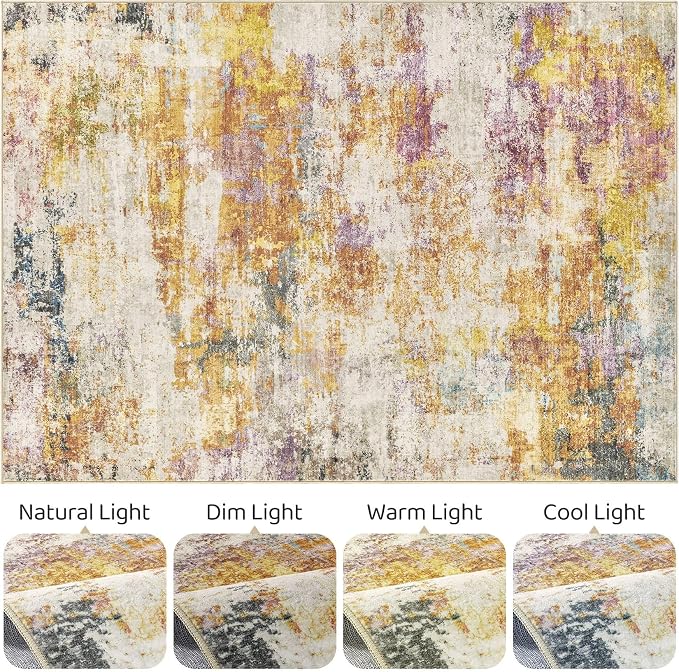 12x18 Area Rugs Living Room: Washable Large Abstract Modern Soft Stain Resistant Indoor Floor Rugs Non-Slip Accent Carpet for Bedroom Nursery Playroom Office Dining Room Dorm Home House- Gold Colorful