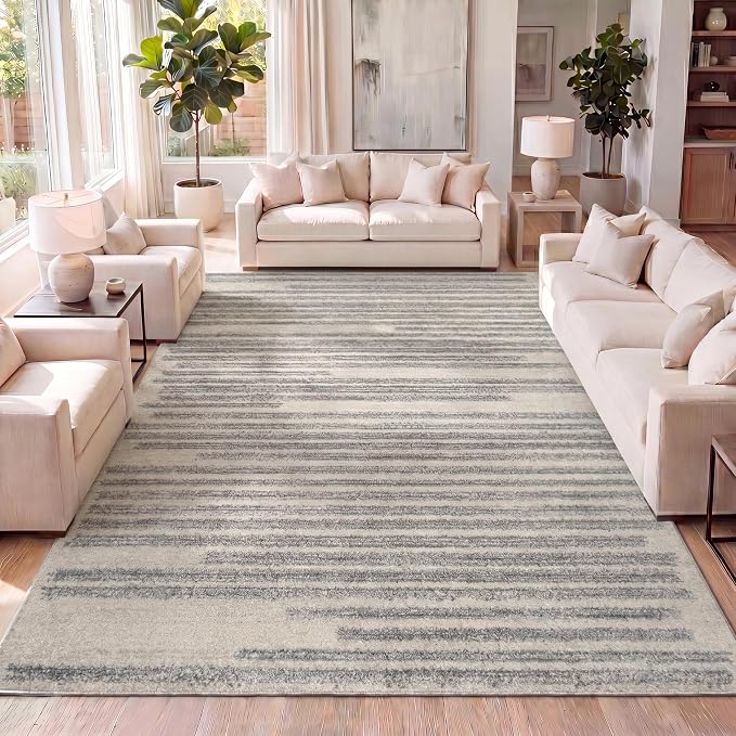 JONATHAN Y Khalil Modern Berber Stripe Cream/Gray Indoor Area Rug, 4x6, Contemporary, Bohemian, Easy-Cleaning for Living Room, Bedroom, Kitchen, Pet Friendly, Non-Shedding (MOH207C-4)