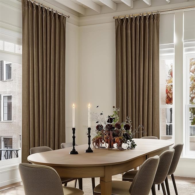 Dutch Cocoa Pinch Pleated Linen Curtains 96 Inches Long 60 Inch Width Linen Blend Light Filtering Window Curtains 96 Inch for Living Room Bedroom Patio Pinch Pleat Drapes Hooks Rings 1 Panel 60Wx96L