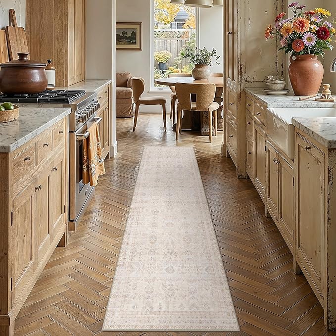 2x8 Washable Neutral Runner Rug for Living Room Beige Apricot Floral Non Slip Low Pile Large Rug Indoor Vintage Carpet Bedroom Dining Room Hallway Kitchen