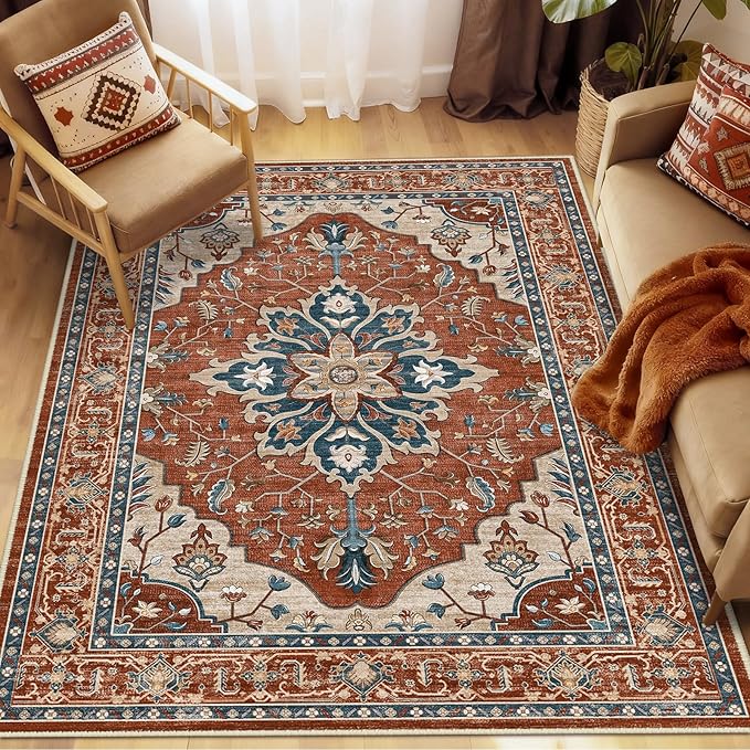 RELEANY Area Rugs 5'x7' Washable Non-Slip, Floral Vintage Distress Print Pattern Medallion Carpet for Living Room Bedroom Dining Room, Red Orange Blue Brown