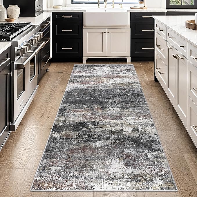 BEIMO Runner Rug for Hallway Kitchen 2x10 Machine Washable Runners Rug for Entryway, Dark Gray Soft Modern Abstract Throw Rugs, Low Pile Floor Carpet with Non Slip Rubber Backing