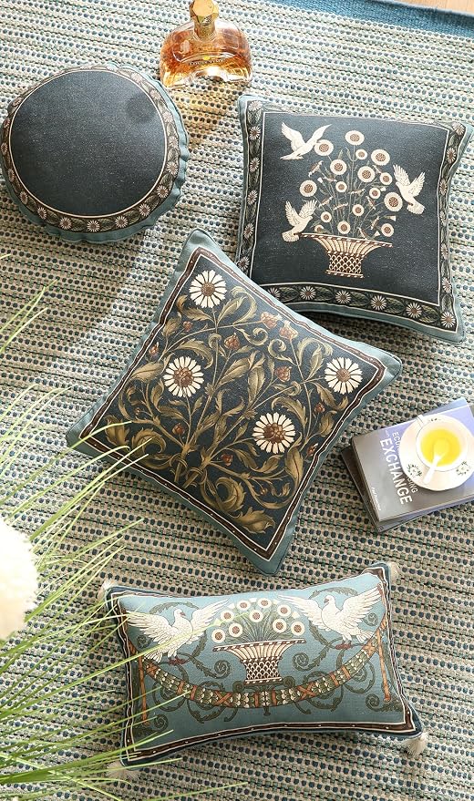 bilin gaier Green Throw Pillow Covers Set of 2,French Farmhouse with White Birds and Flowers Pattern Linen Pillowcases,Decorative Square Pillows Cushion Covers for Couch Sofa Bed Chair,18x18 Inches