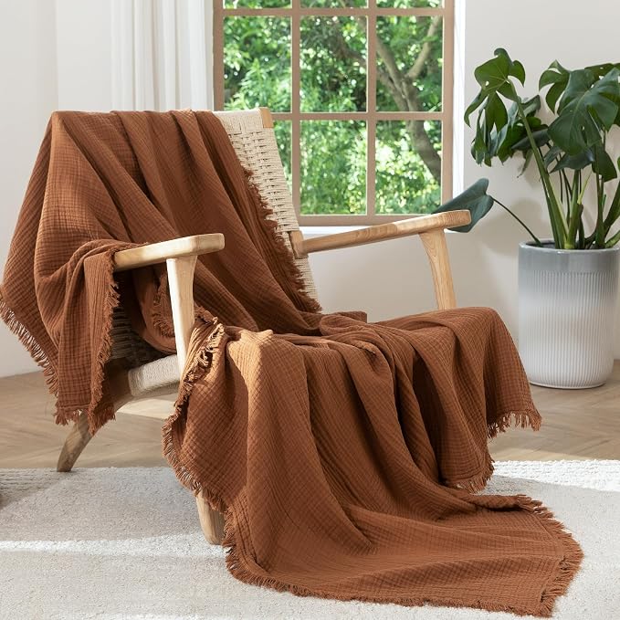MooMee Muslin Blanket - 100% Cotton 4-Layer Gauze Throw Blanket with All-Around Fringe, Soft Breathable Lightweight Cooling Summer Blankets for Bed Couch (Drak Orange,Throw XL 50" x 70")