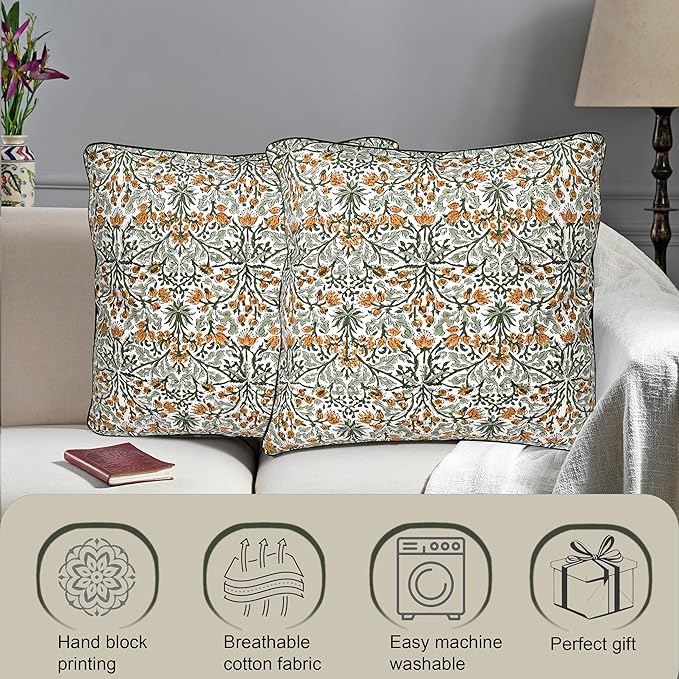 Ridhi Block Print Goldenrod Yellow Pillow Cover 18" x 18" (Pack of 2) Decorative Couch Pillows for Living Room, Chic Boho Cute Outdoor Pillows Covers Gifts for Spring, Easter and Valentine