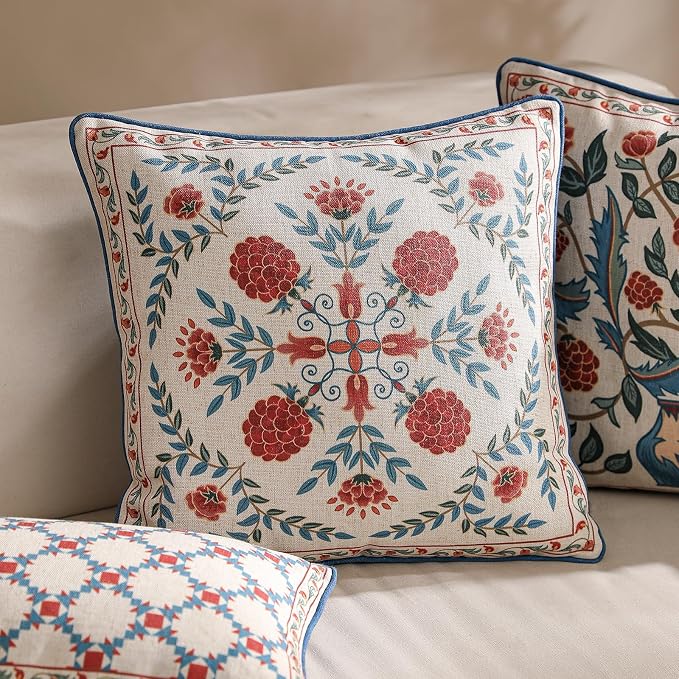 patdrea French Vintage Linen Throw Pillow Cover,18"x18",Set of 2-Puno A | Elegant Decorative Pillow Case with Zipper,Elegant Floral Pattern,Pillow Cover for Couch Living Room Bedroom Sofa
