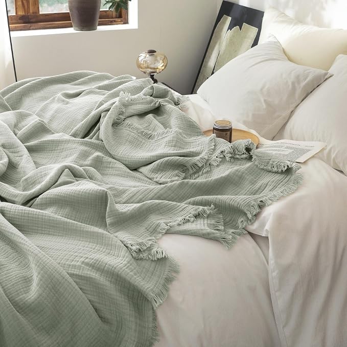 FOSSA Muslin Blanket 4-Layer 100% Cotton Gauze Blanket with Fringe 104"x90" | Super Soft Breathable Lightweight All Season & Decorative Blanket or Bed, Sofa, Office (Sage Green, King)