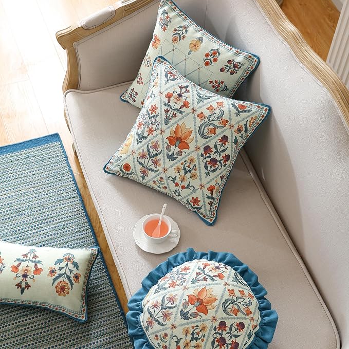 ISAENNE Linen Square Throw Pillow Cover,Set of 2,18"x18"-Floralsea A | Designer French Elegant Pillow Cover,Concealed Zipper Design,Sofa,Bedroom,Living Room,Lounge Chairs,All Season Home Decor
