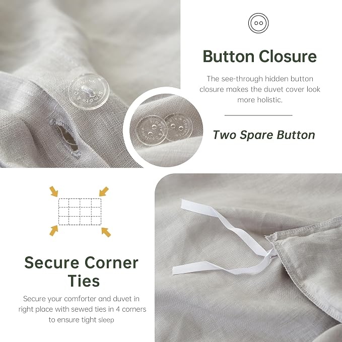 Simple&Opulence 100% Linen Duvet Cover Set, Natural French Flax Light Grey Duvet Cover Twin Size, Breathable Soft Comfy Linen Bedding Comforter Cover with 1 Pillowcase(Light Grey, 68"x86")