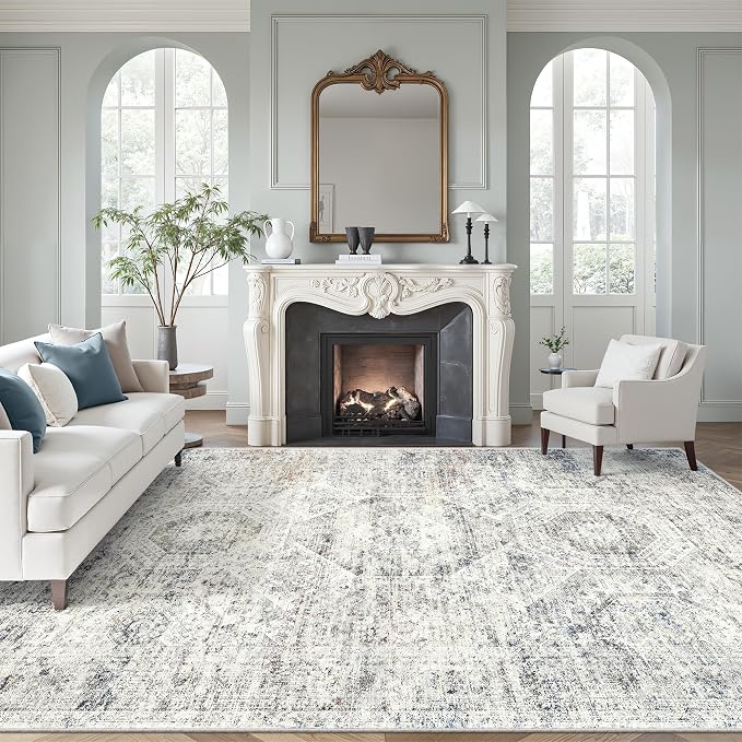 Soalmost Washable Area Rug 8x12, Large Soft Rugs for Living Room Vintage Blue Ivory Carpet 8x12 Area Rugs for Bedroom Dining Room Non-Slip Stain Resistant Under Table Rug