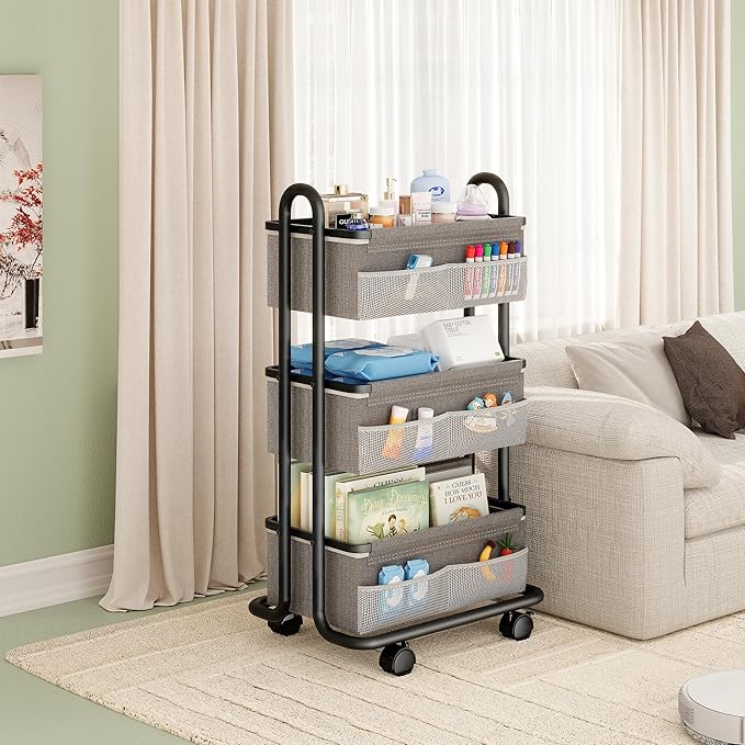 3-Tier Baby Diaper Caddy Organizer Cart, Mobile Nursery Storage Carts with Wheels, 3 Dividers & 6 Mesh Pockets Durable Metal Utility Cart for Nursery, Bedroom, Bathroom, Baby Essentials Organization